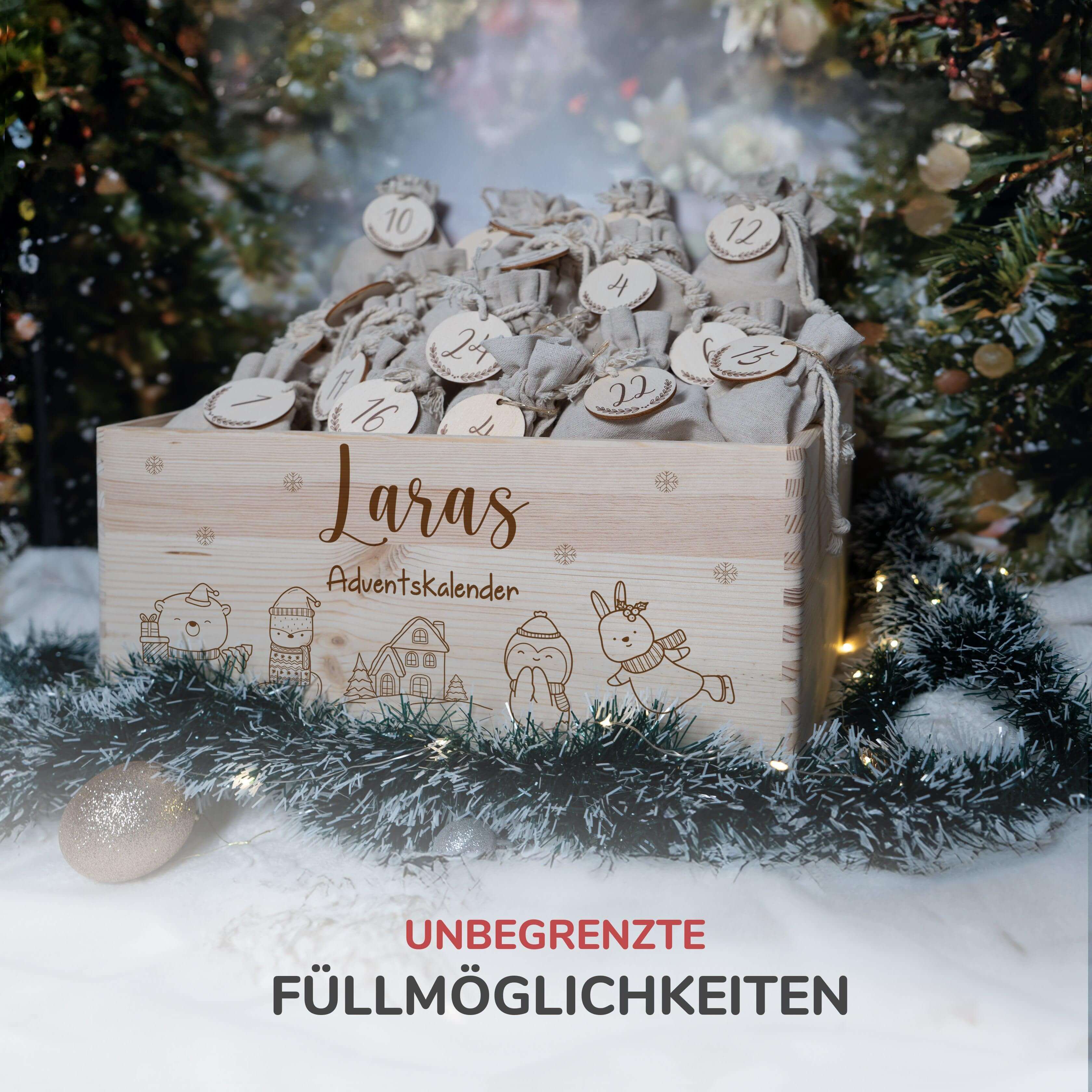 adventskalender mit tierfamilie motiv und individuellem namen