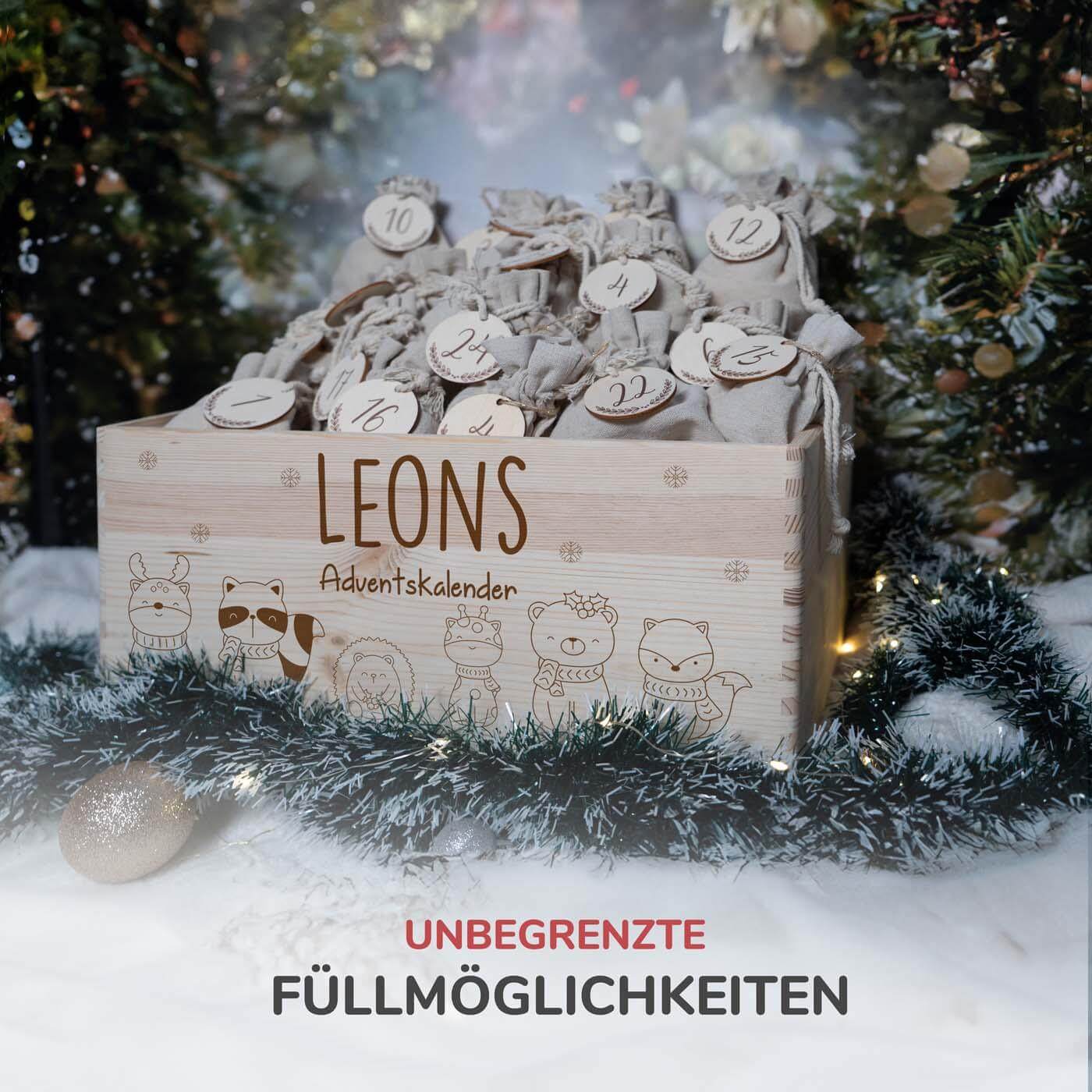 adventskalender mit waldtiere motiv und individuellem namen