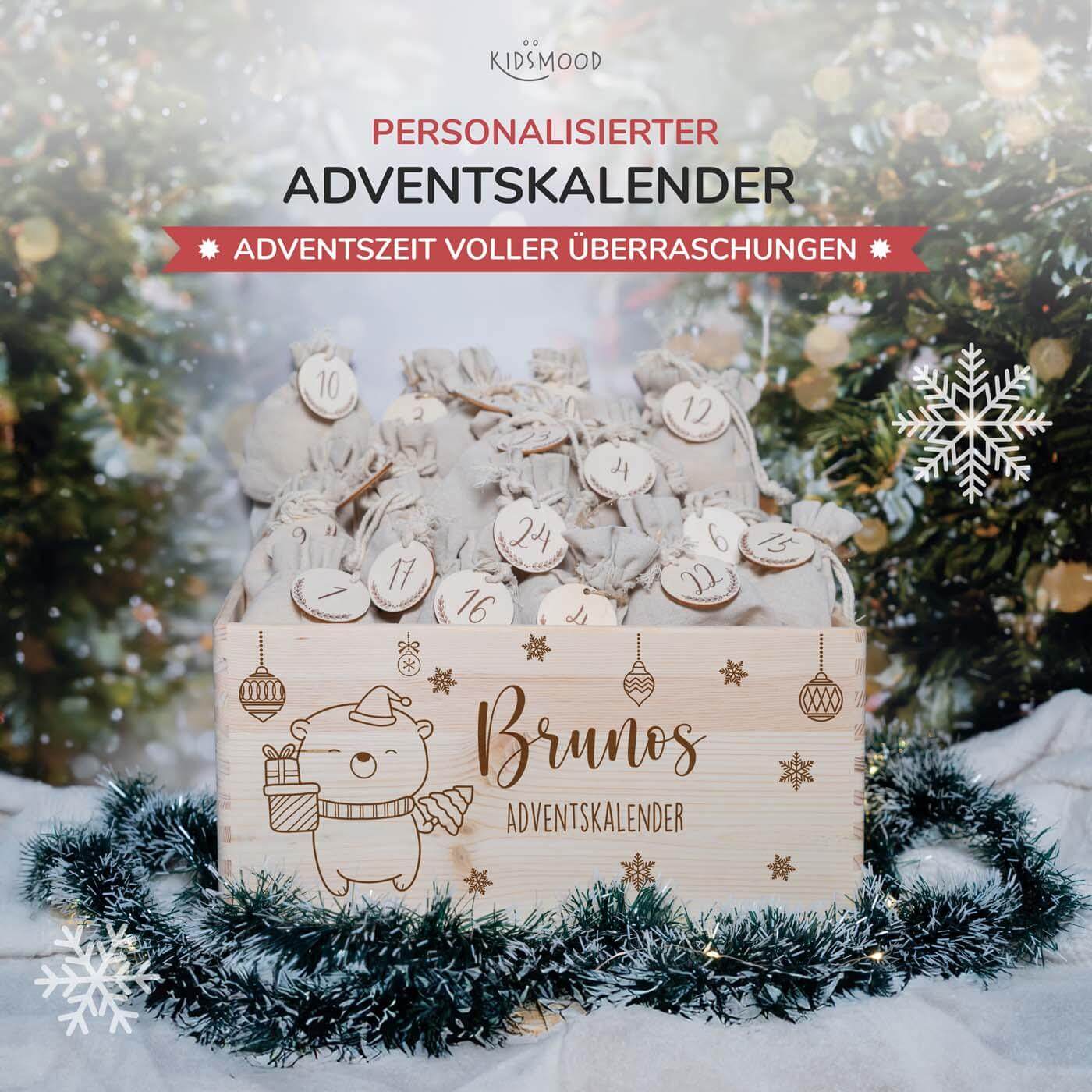 hochwertiger adventskalender mit chrismas baby bär personalisiert