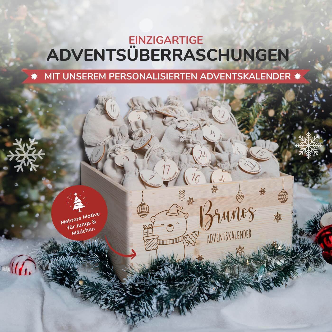 adventskalender mit chrismas baby bär motiv und individuellem namen