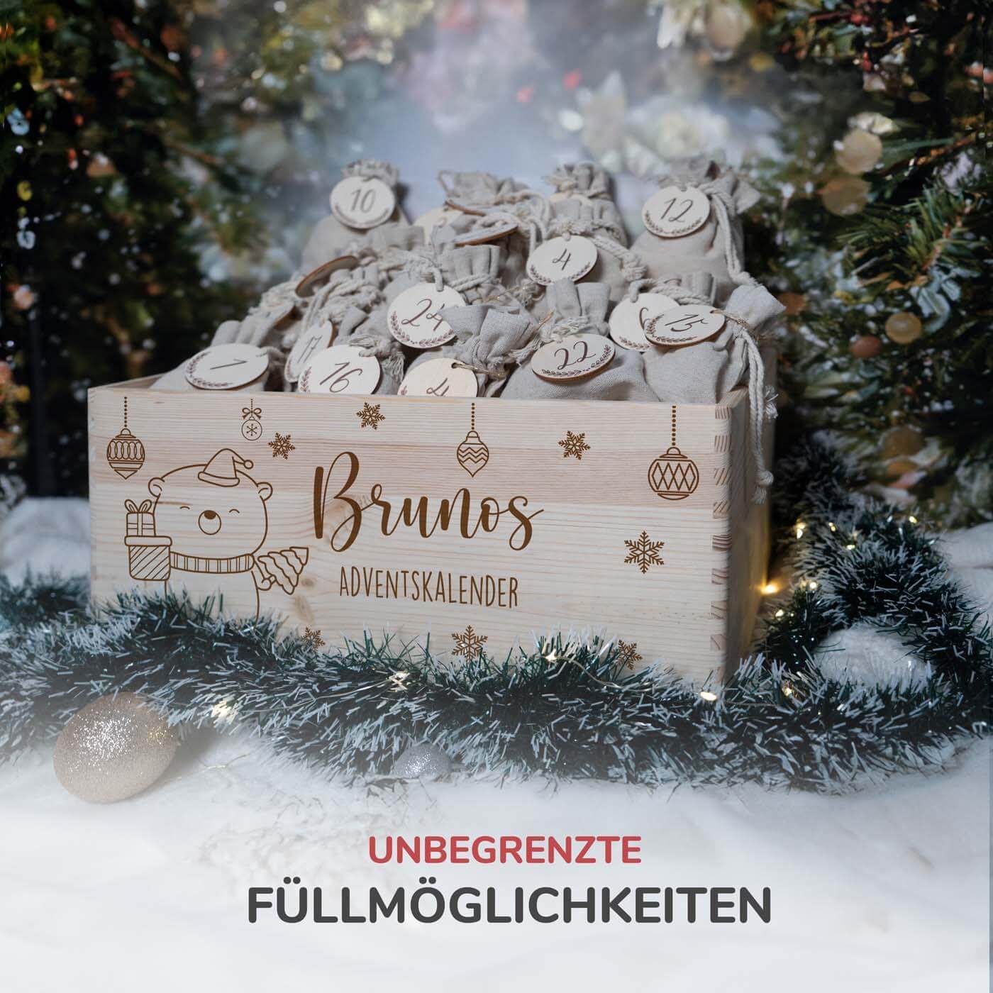 nahaufnahme des adventskalenders mit chrismas baby bär motiv
