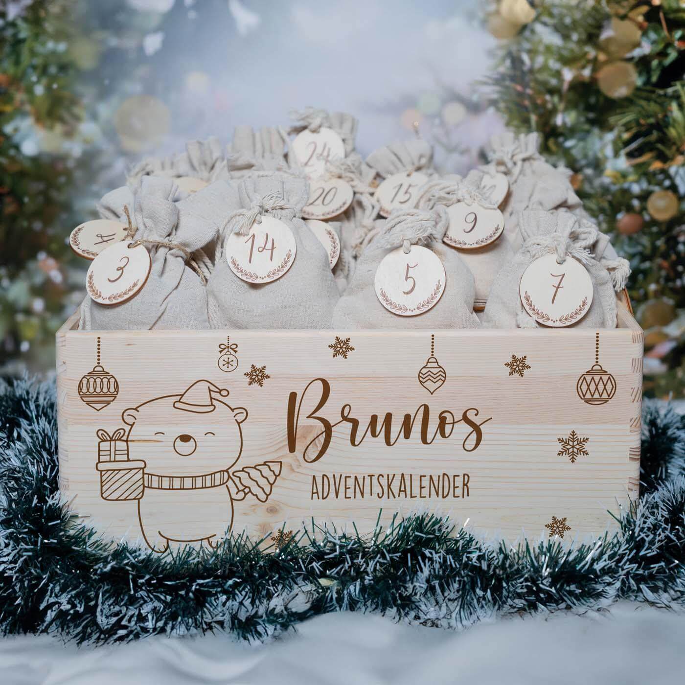 personalisierter adventskalender mit chrismas baby bär design