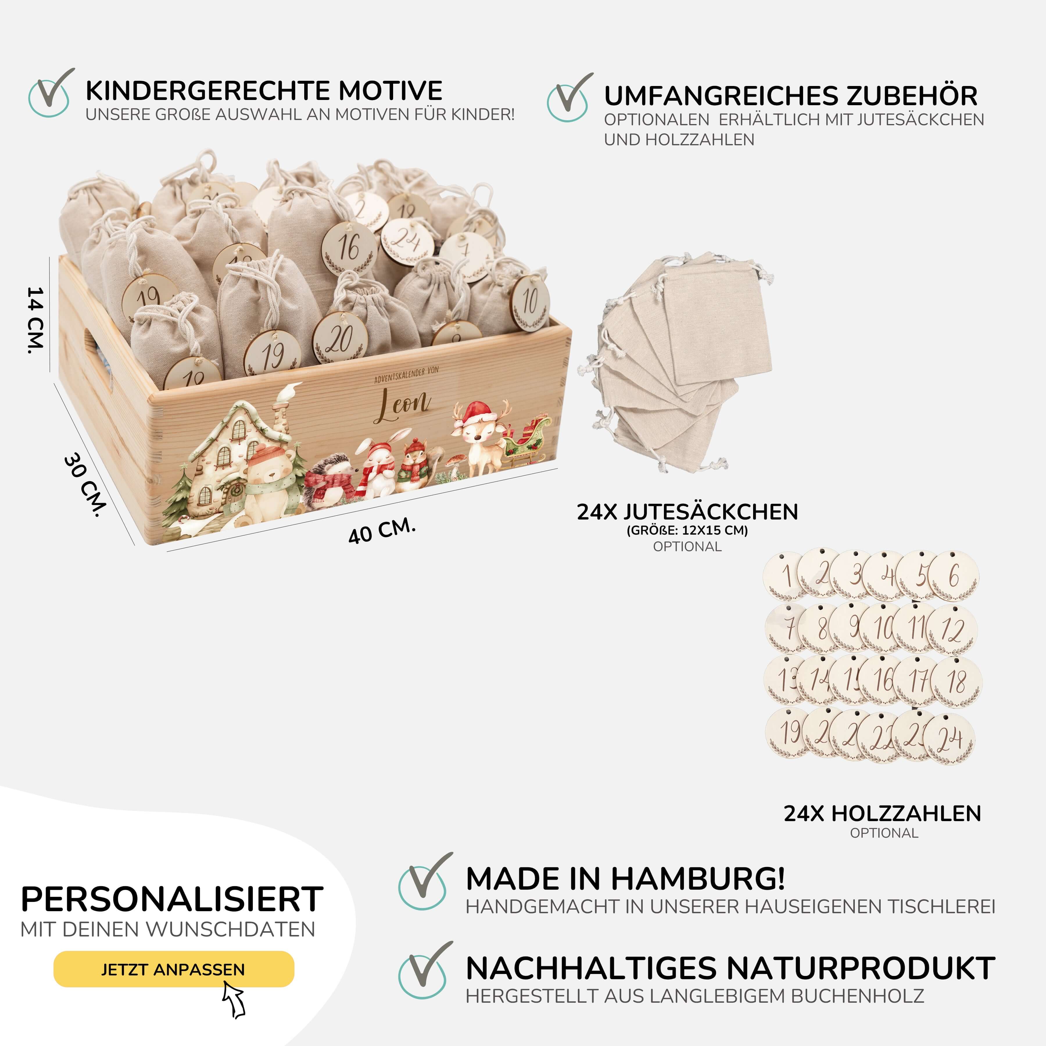 Adventskalender zum befüllen "Winterdorf mit Tieren" personalisiert