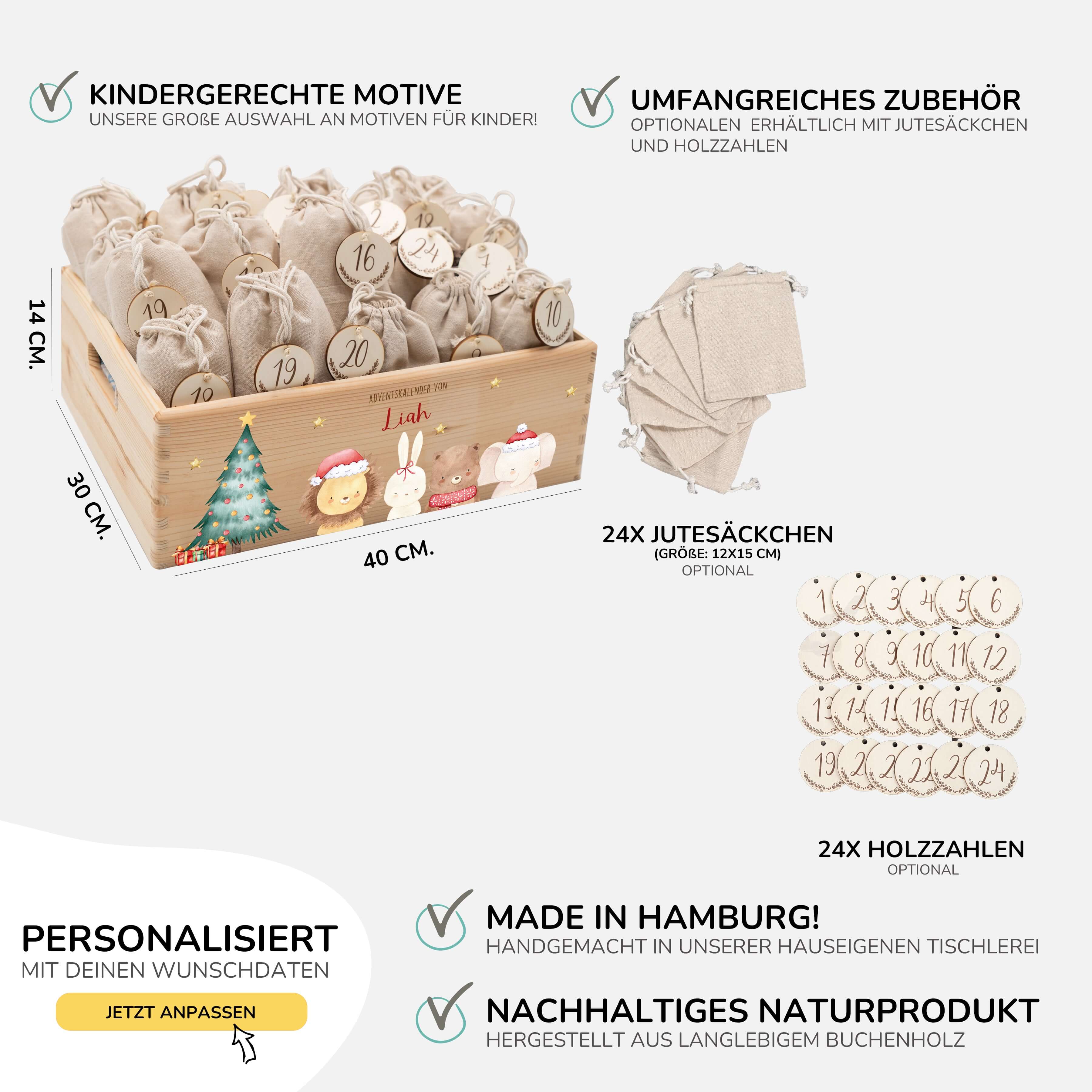 Adventskalender zum befüllen "Weihnachten mit weihnachtlichem Tiertrio" personalisiert