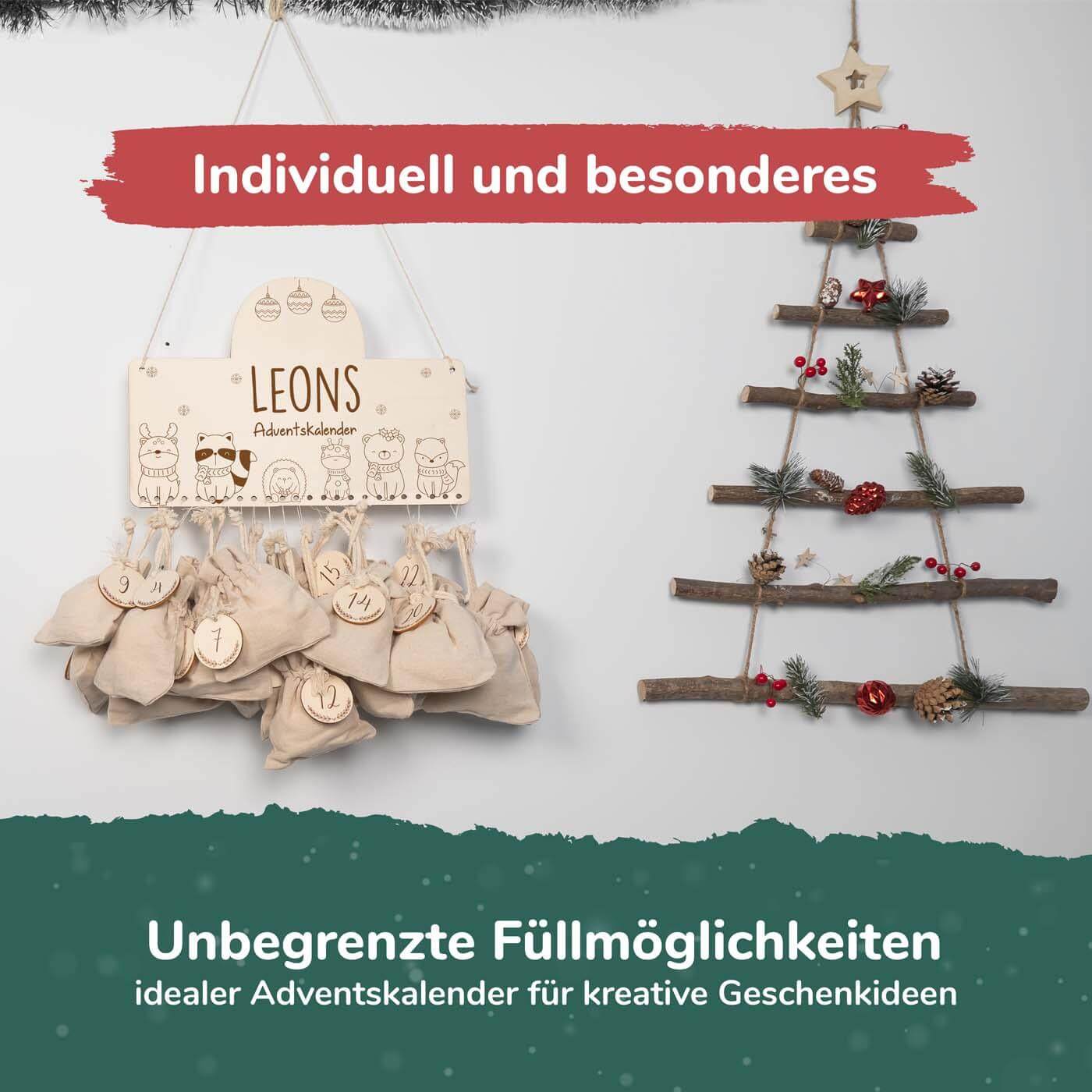 handcrafted advent calendar with animal family engraving