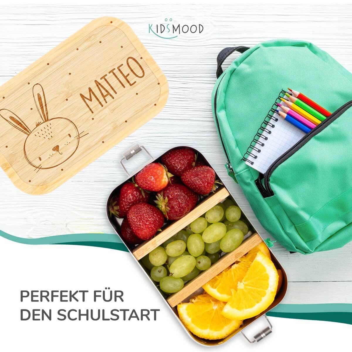 engraved lunchbox with rabbit head and custom name