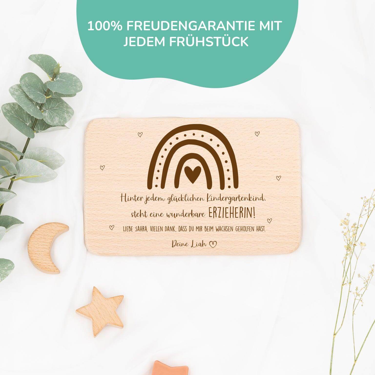 close-up of breakfast board with Abschiedsgeschenk design