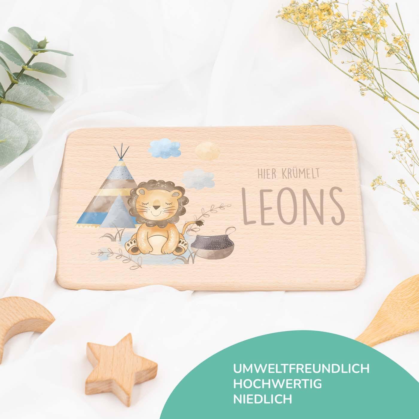 frühstücksbrettchen mit tipi-löwe motiv und individuellem namen