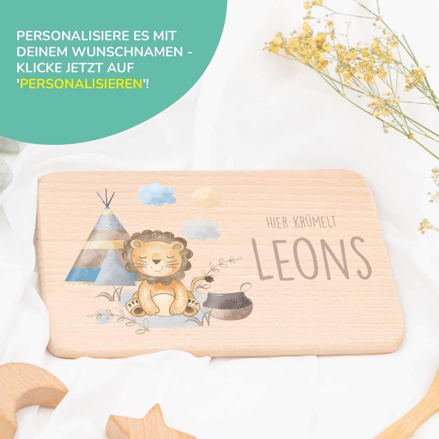 hochwertiges frühstücksbrettchen mit tipi-löwe personalisiert