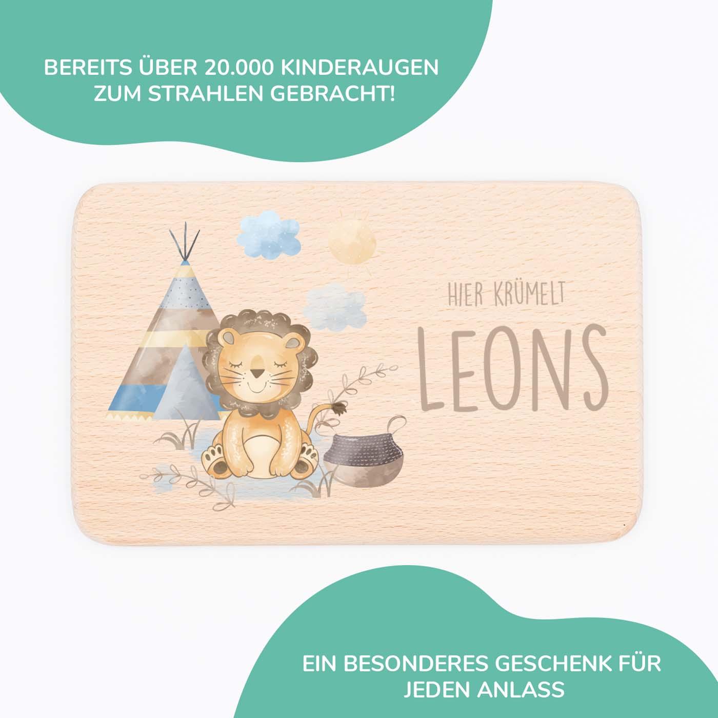 personalisiertes geschenk frühstücksbrettchen mit tipi-löwe design
