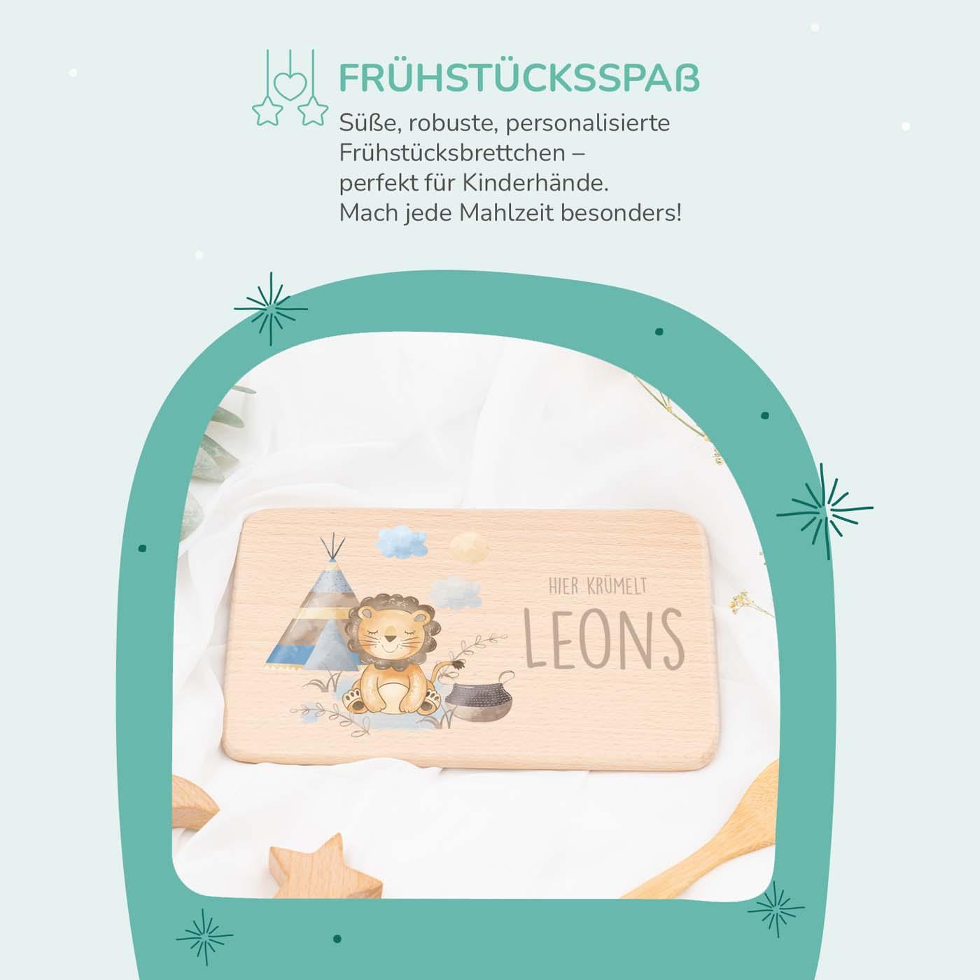 handgefertigtes frühstücksbrettchen mit tipi-löwe gravur
