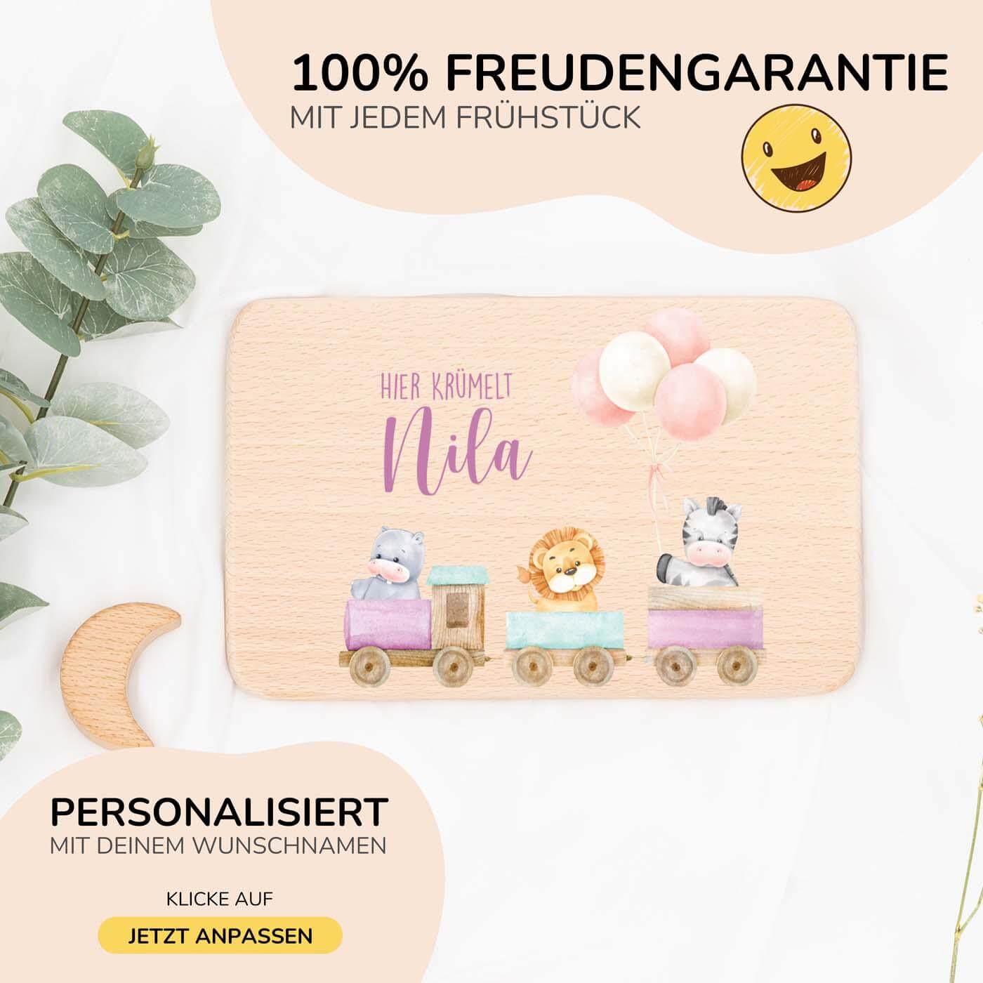 frühstücksbrettchen mit tier-eisenbahn motiv und individuellem namen