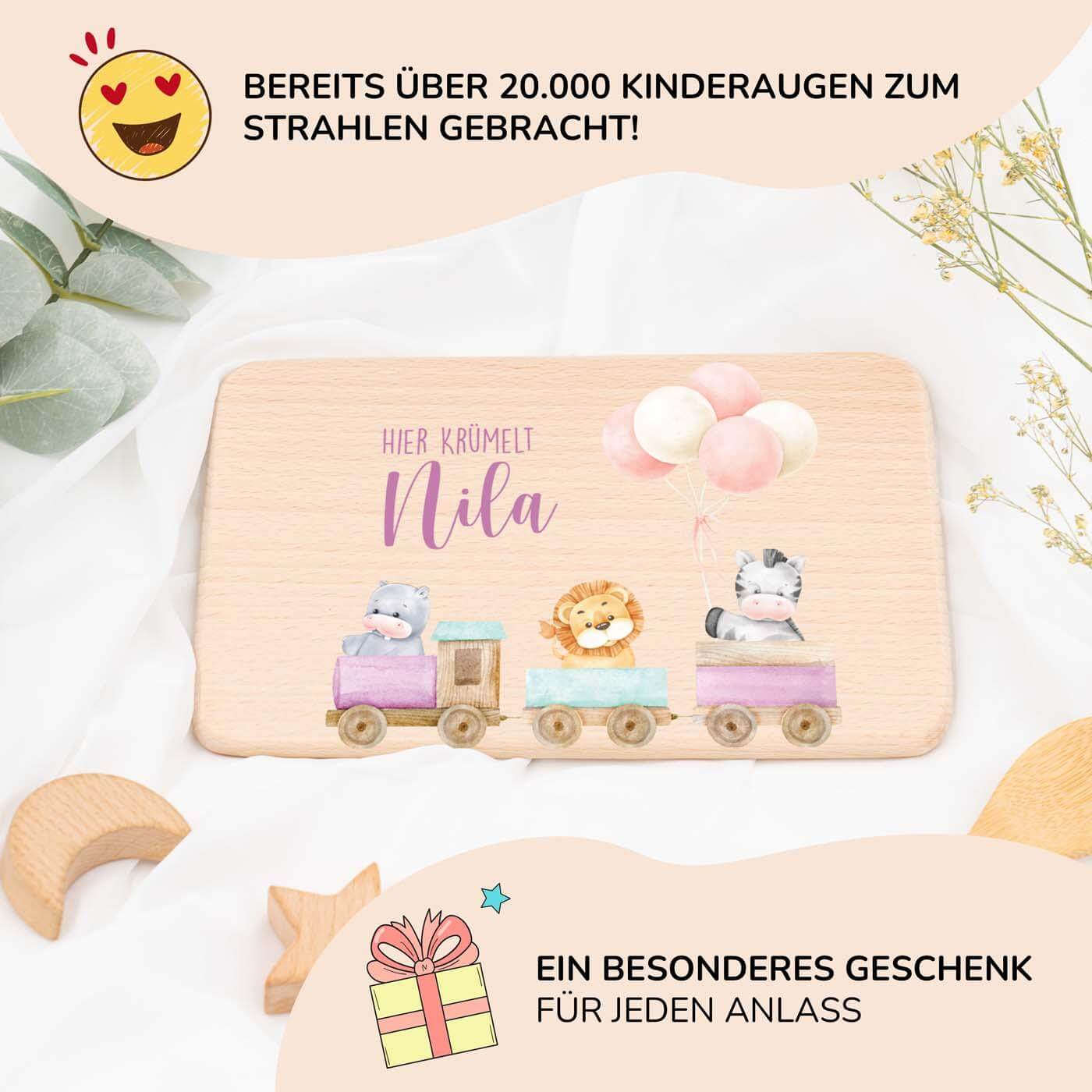 personalisiertes geschenk frühstücksbrettchen mit tier-eisenbahn design