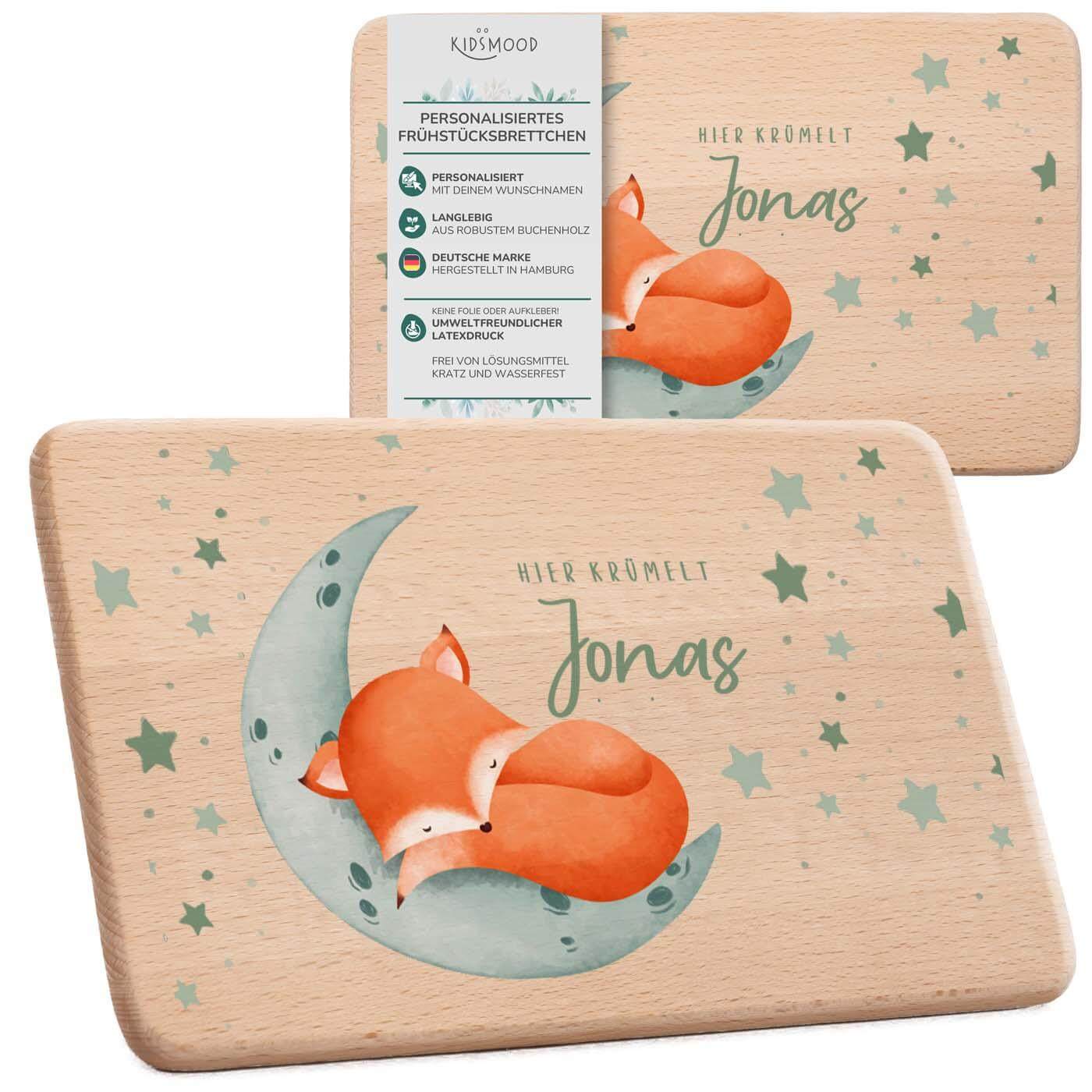 personalisiertes frühstücksbrettchen mit baby fuchs design