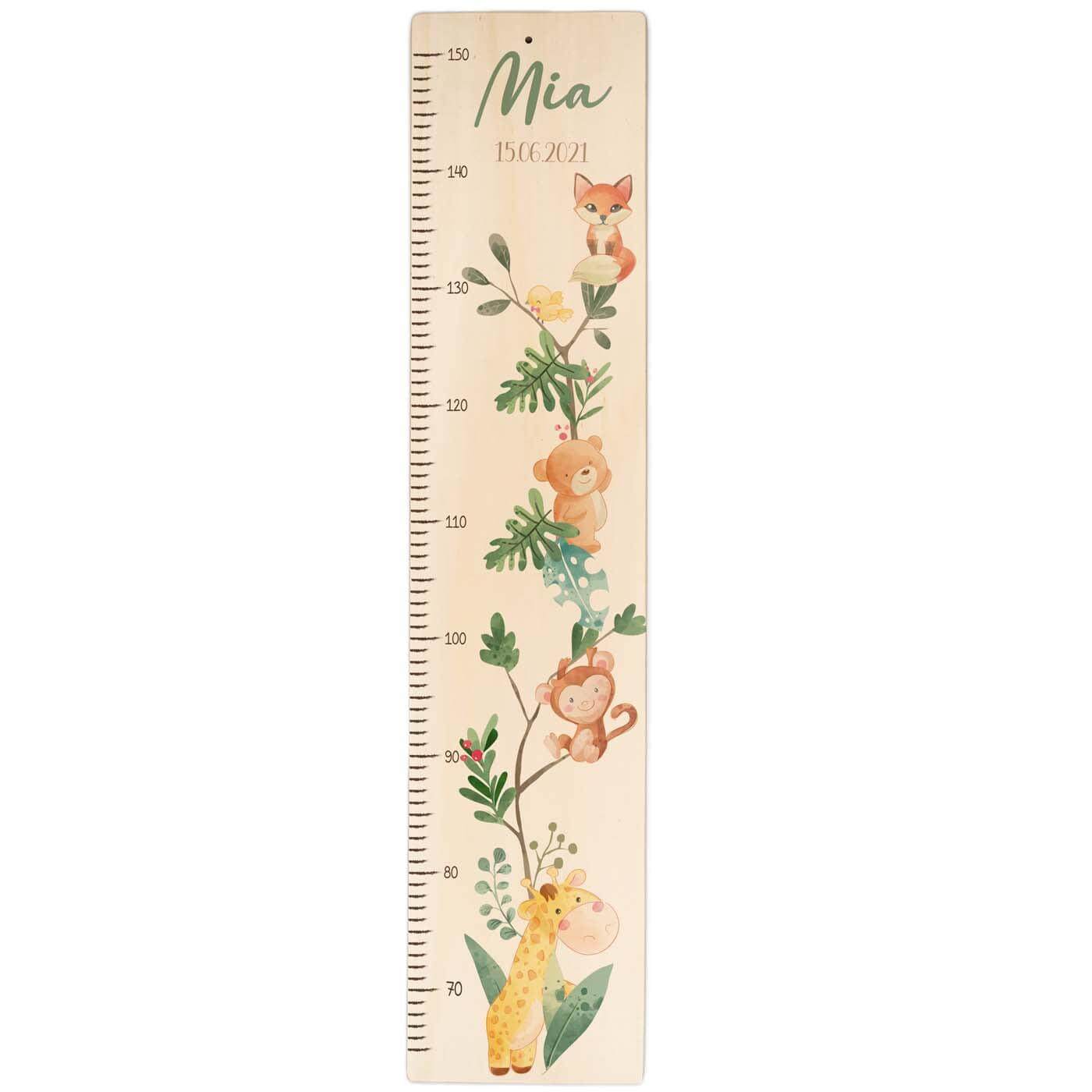 engraved wooden height chart with bear and jungle