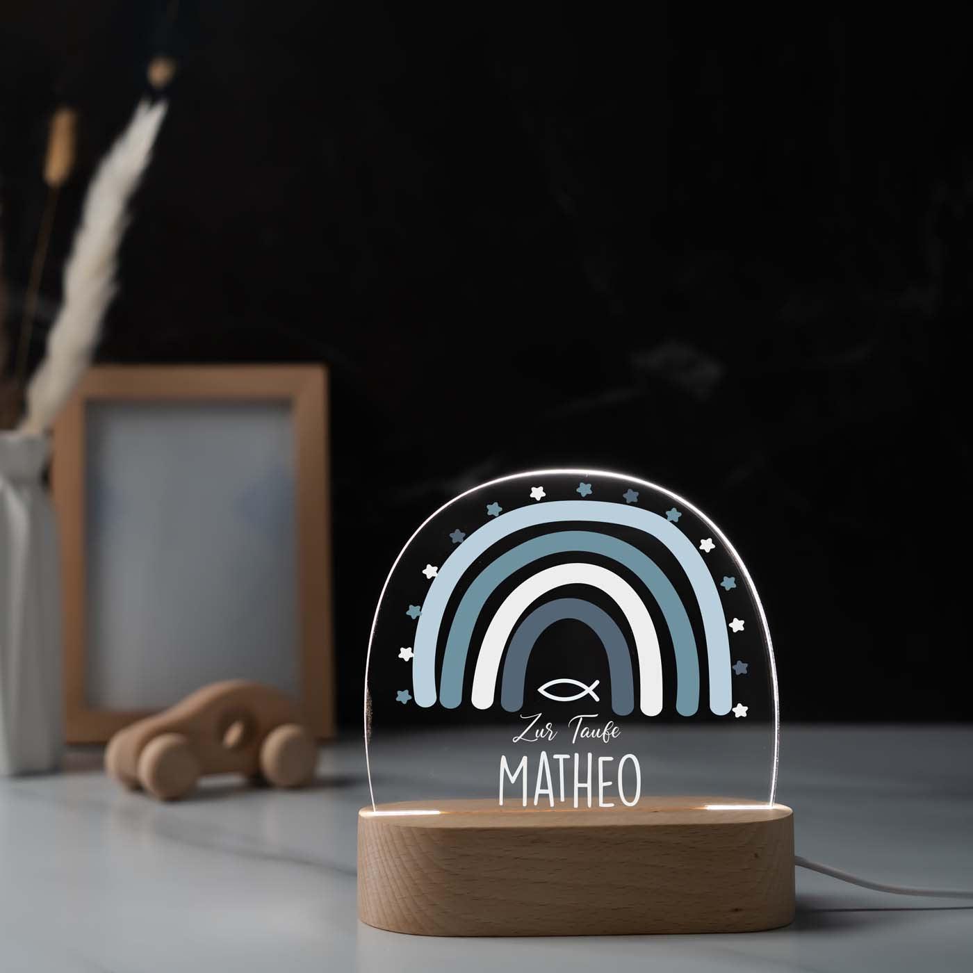 personalized night lamp with green rainbow and baptism fish design