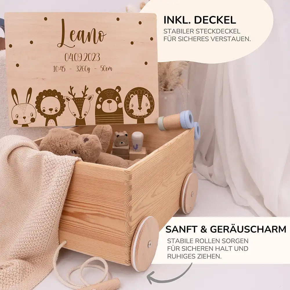 Spielzeugkiste mit Rädern personalisiert - Safari Tiere Gravur