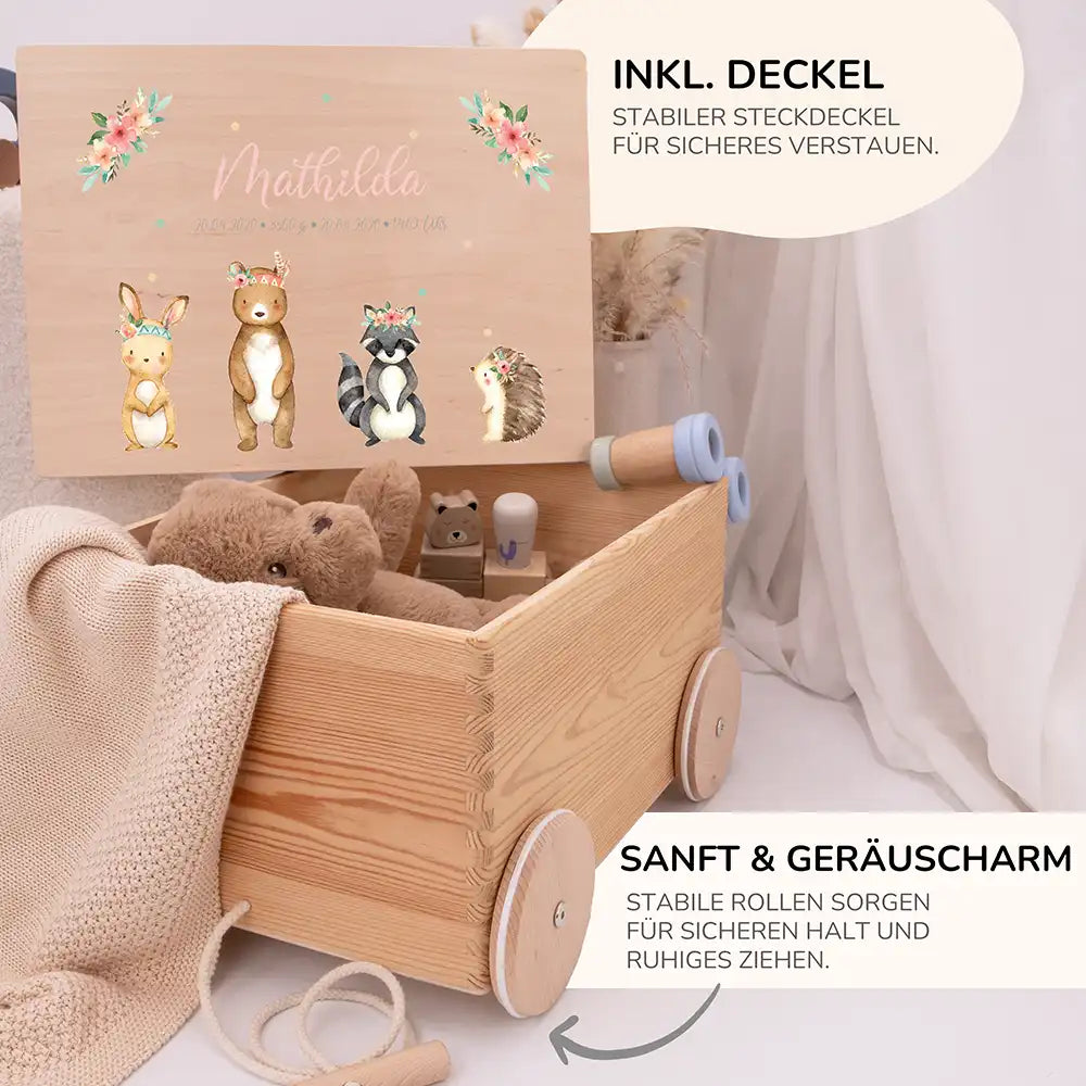 Spielzeugkiste mit Rädern personalisiert - Tiere