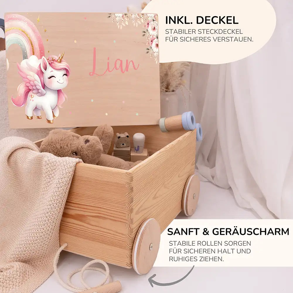 Spielzeugkiste mit Rädern personalisiert - Einhorn