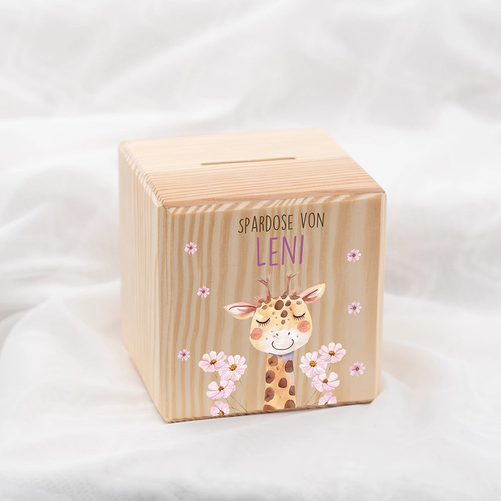 Spardose Kinder, Sparschwein personalisiert bunt - Giraffe mit Blume