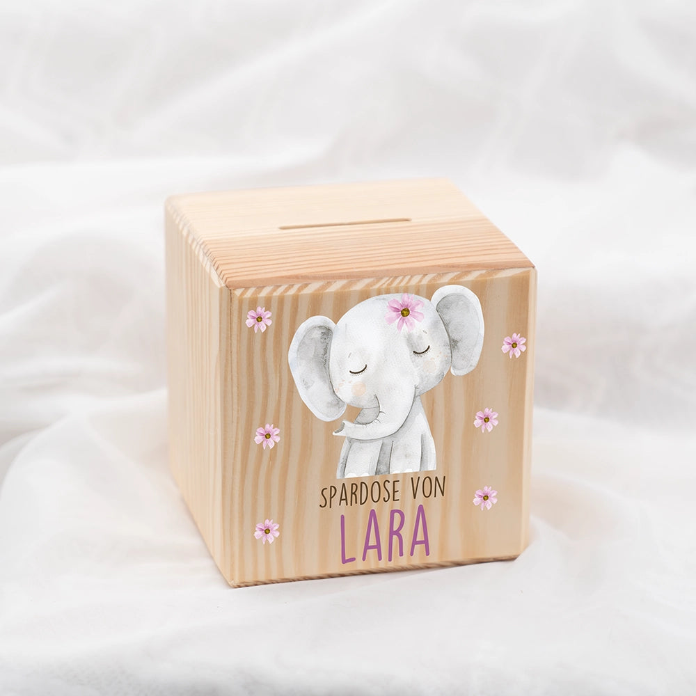 Spardose Kinder, Sparschwein personalisiert bunt - Elefant mit Blumen
