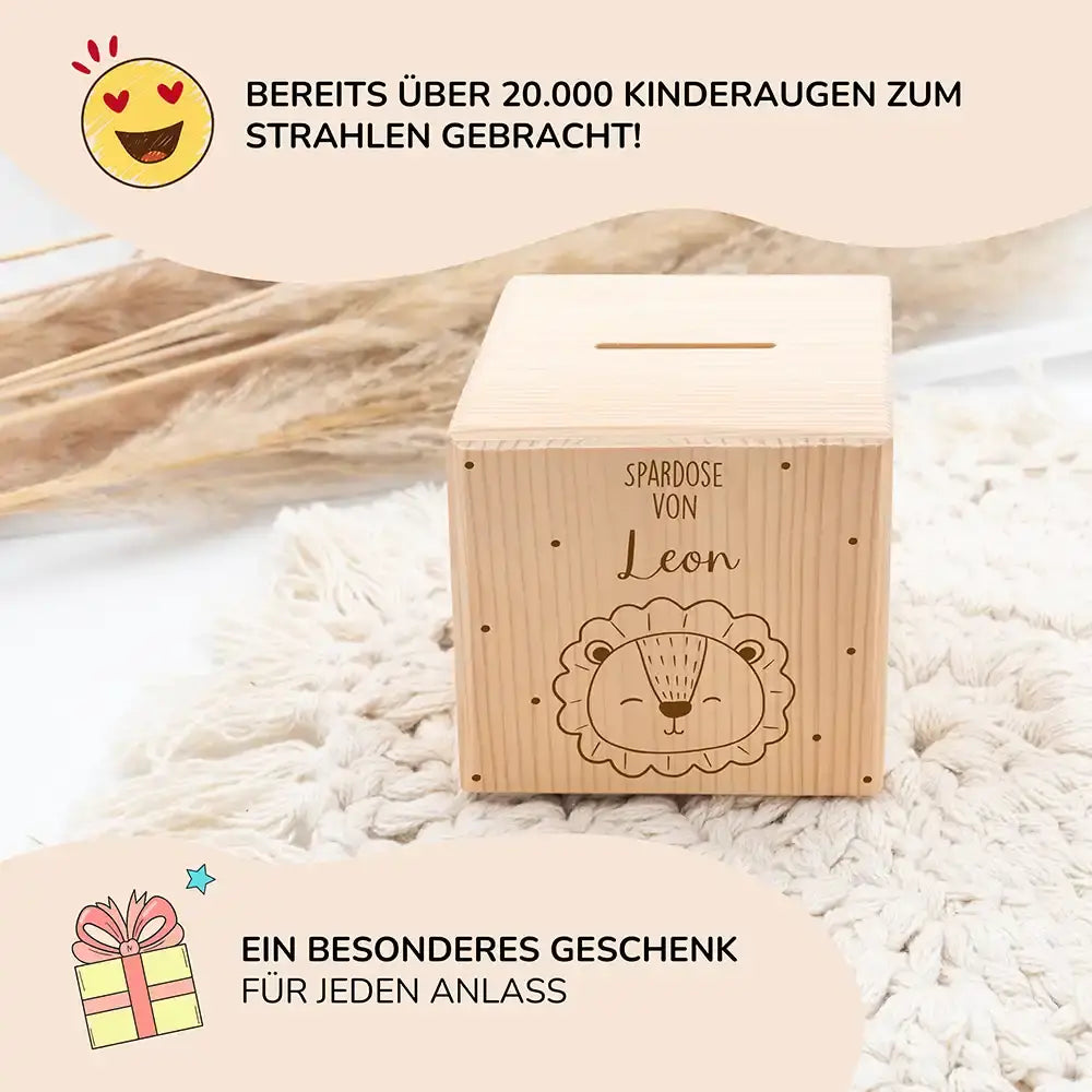 Spardose Kinder, Sparschwein personalisiert - Löwe mit Punkten