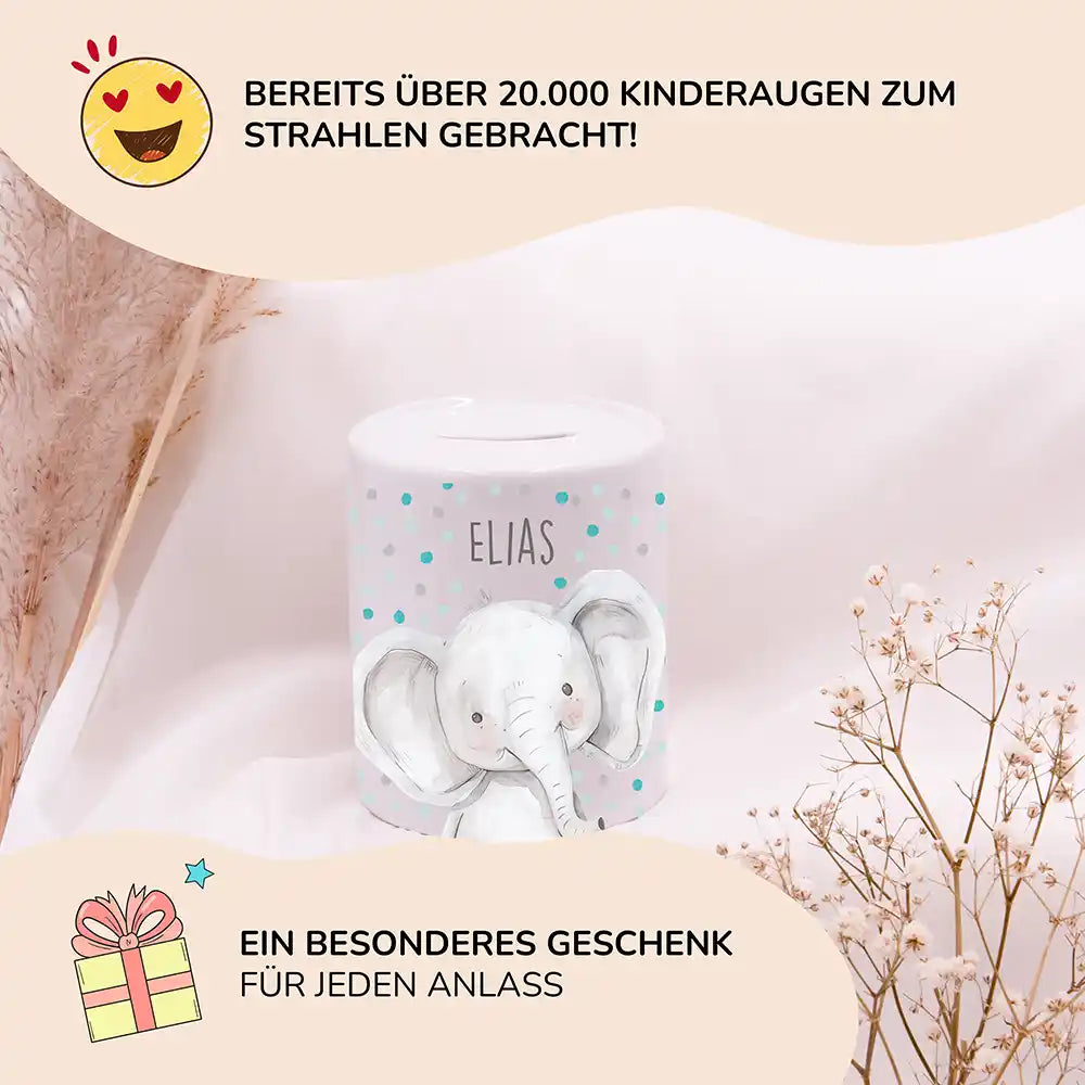 Spardose Kinder aus Keramik - Elefant mit Pünktchen