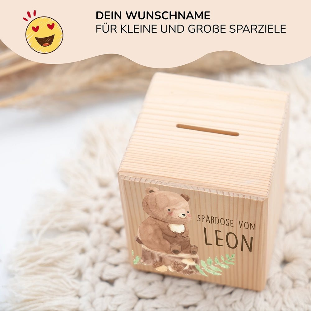 Spardose Kinder, Sparschwein personalisiert bunt - Bär Waldtiere
