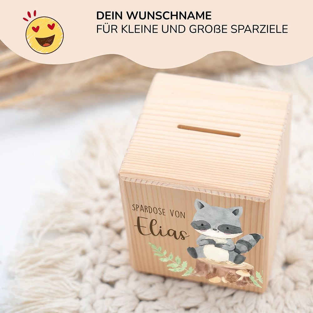 Spardose Kinder, Sparschwein personalisiert bunt - Waschbär
