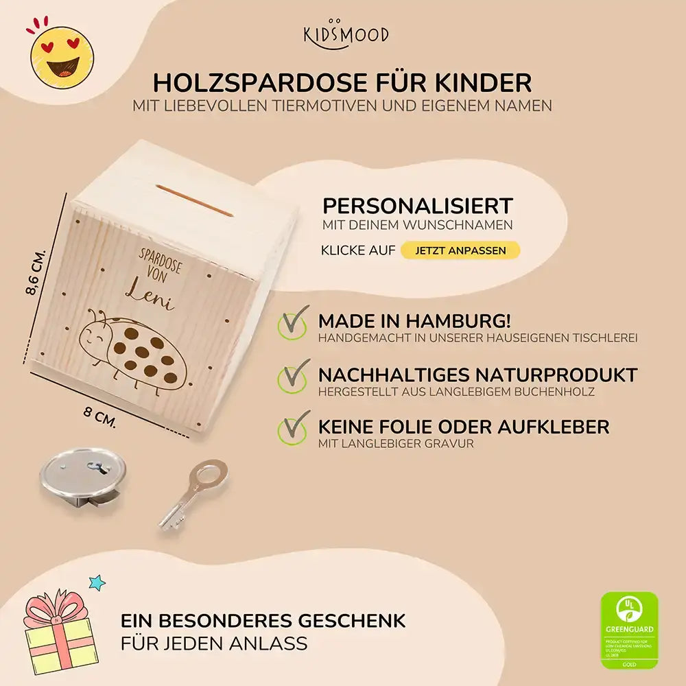 Spardose Kinder, Sparschwein personalisiert - Marienkäfer mit Punkten