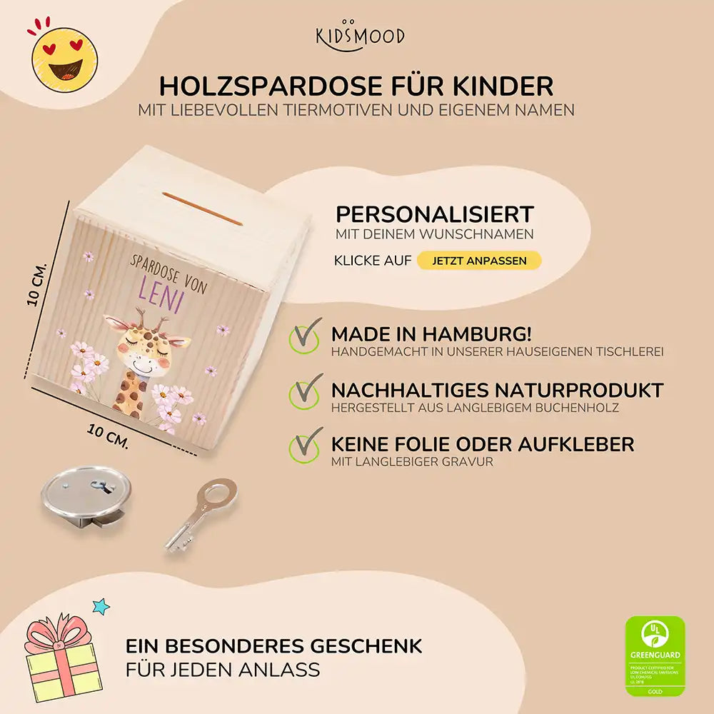 Spardose Kinder, Sparschwein personalisiert bunt - Giraffe mit Blume