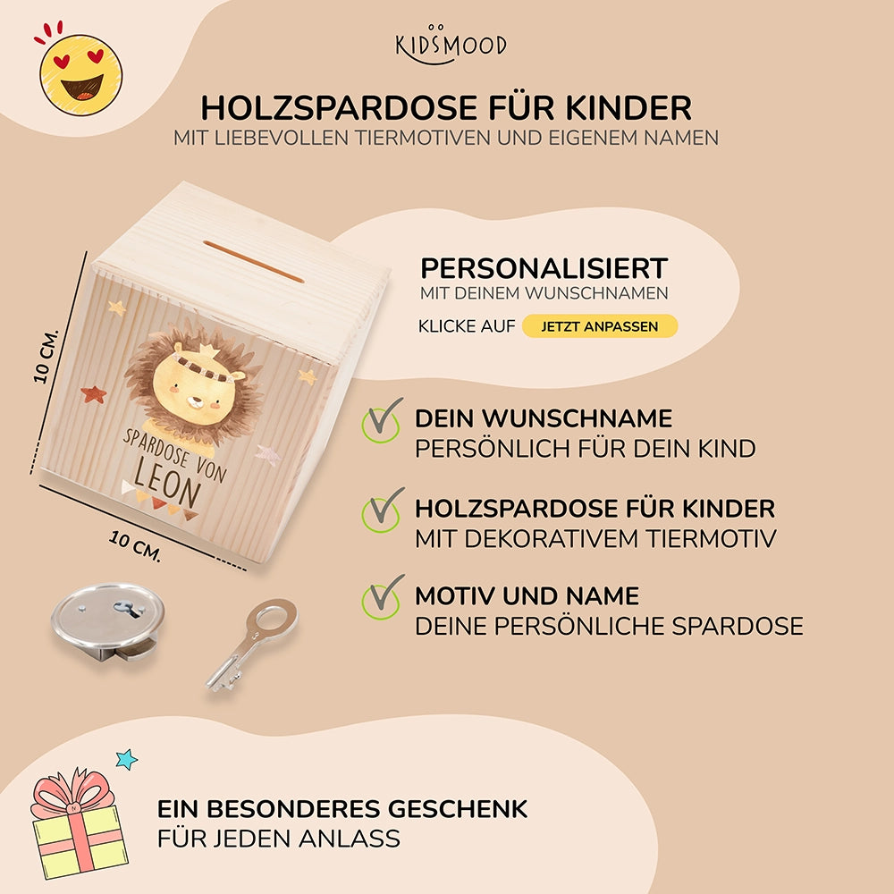 Spardose Kinder, Sparschwein personalisiert bunt - Löwe mit Sternen