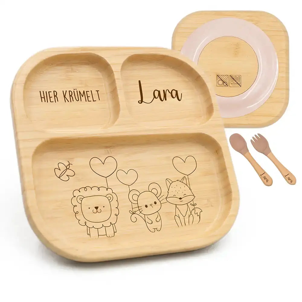 Personalisierter Bambusteller Lara mit 3 Fächern und Besteck - Kinderteller aus Holz mit Namen graviert