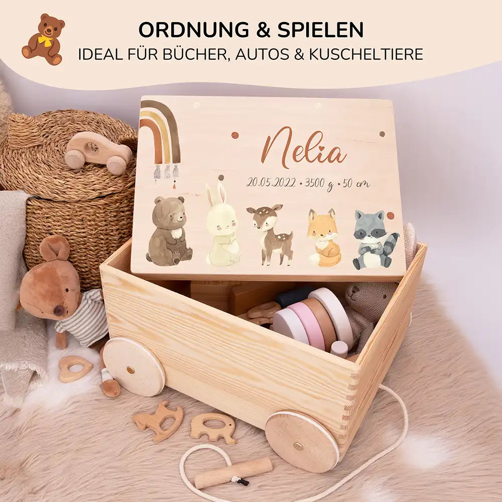 Spielzeugkiste mit Rädern personalisiert - Tierfreunde