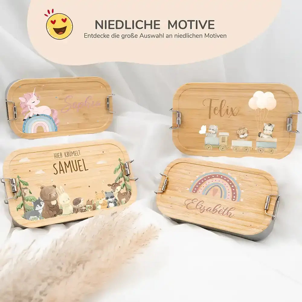 nahaufnahme der brotdose mit tiere eisenbahn motiv
