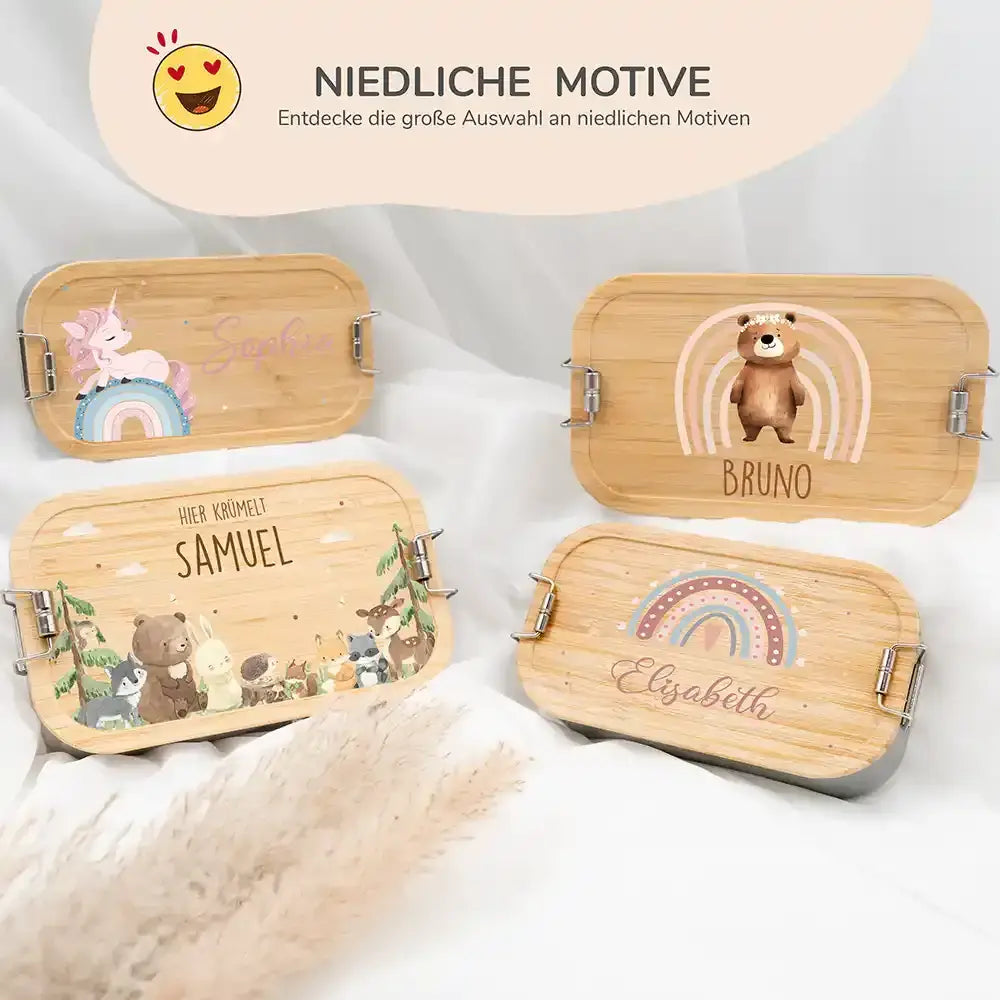 nahaufnahme der brotdose mit bär und regenbogen motiv