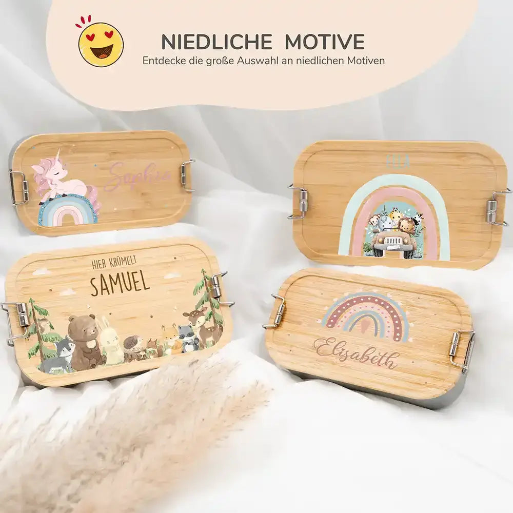 nahaufnahme der brotdose mit regenbogen safari motiv