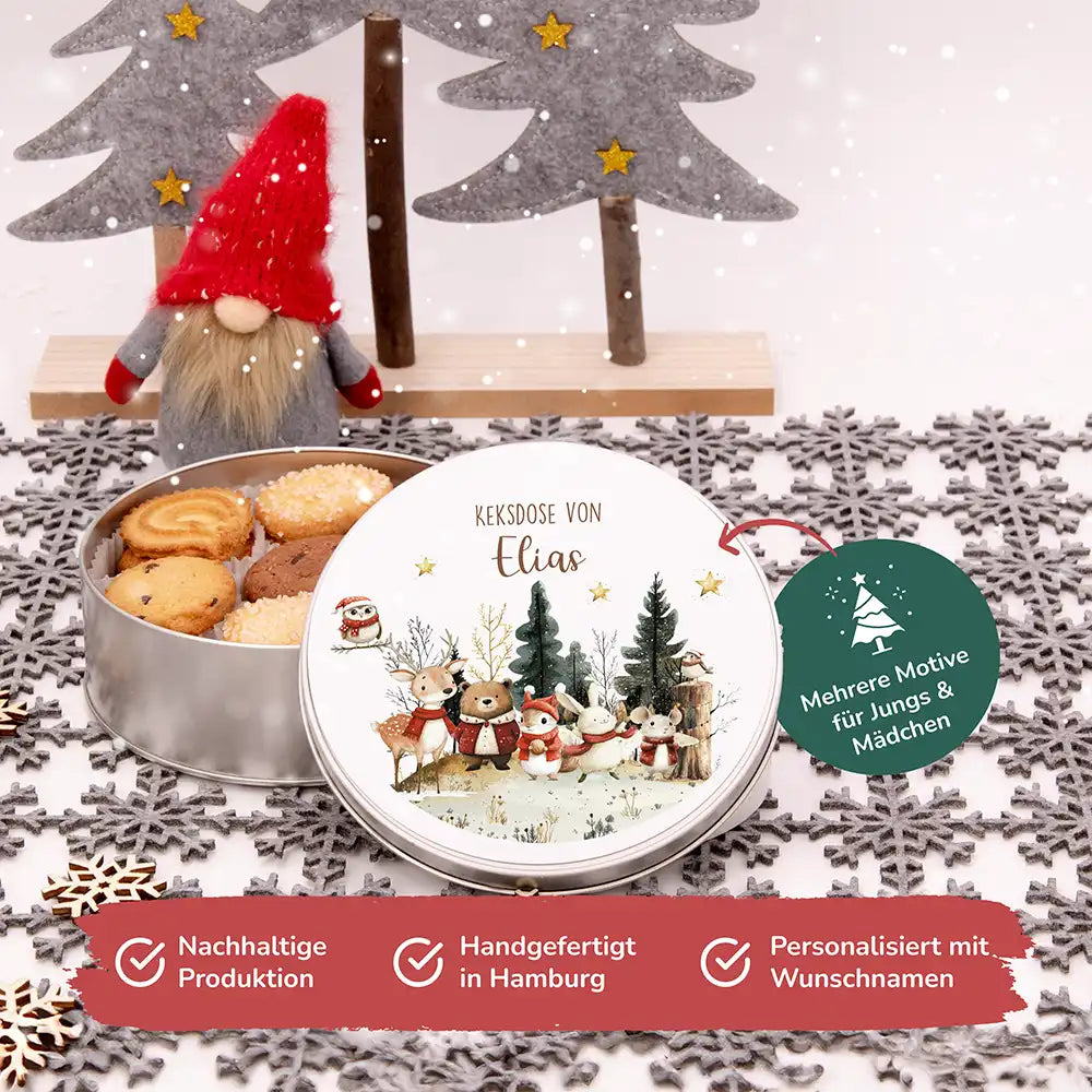 Keksdose aus Metal personalisiert - Weihnachtsfreunde im Schnee