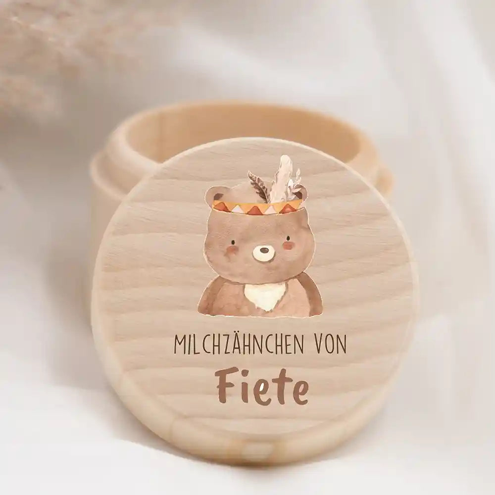 Zahndose Milchzähne personalisiert - Holz Zahnbox mit Wunschnamen - Bohor Bär Motiv