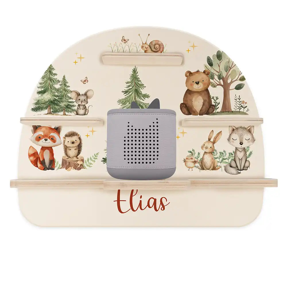 Tonie Regal aus Holz, Toniebox Regal personalisiert fröhliche Waldtiere