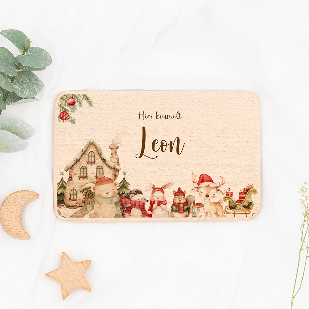 Frühstücksbrettchen Weihnachten Winterdorf mit Tieren - Geschenk Weihnachten