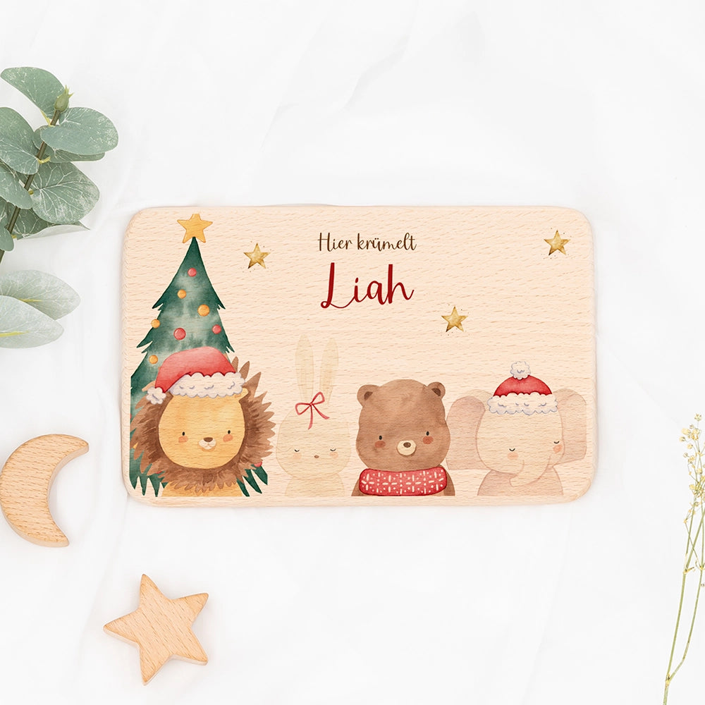 Frühstücksbrettchen Weihnachten mit weihnachtlichem Tiertrio - Geschenk Weihnachten