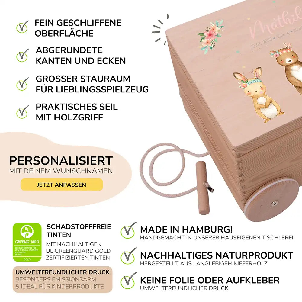 Spielzeugkiste mit Rädern personalisiert - Tiere