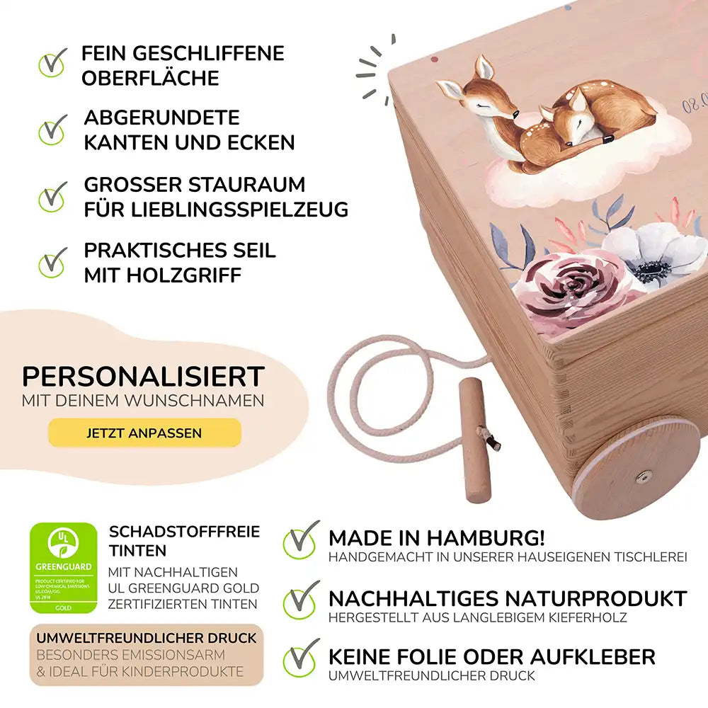 Spielzeugkiste mit Rädern personalisiert - Mama Reh