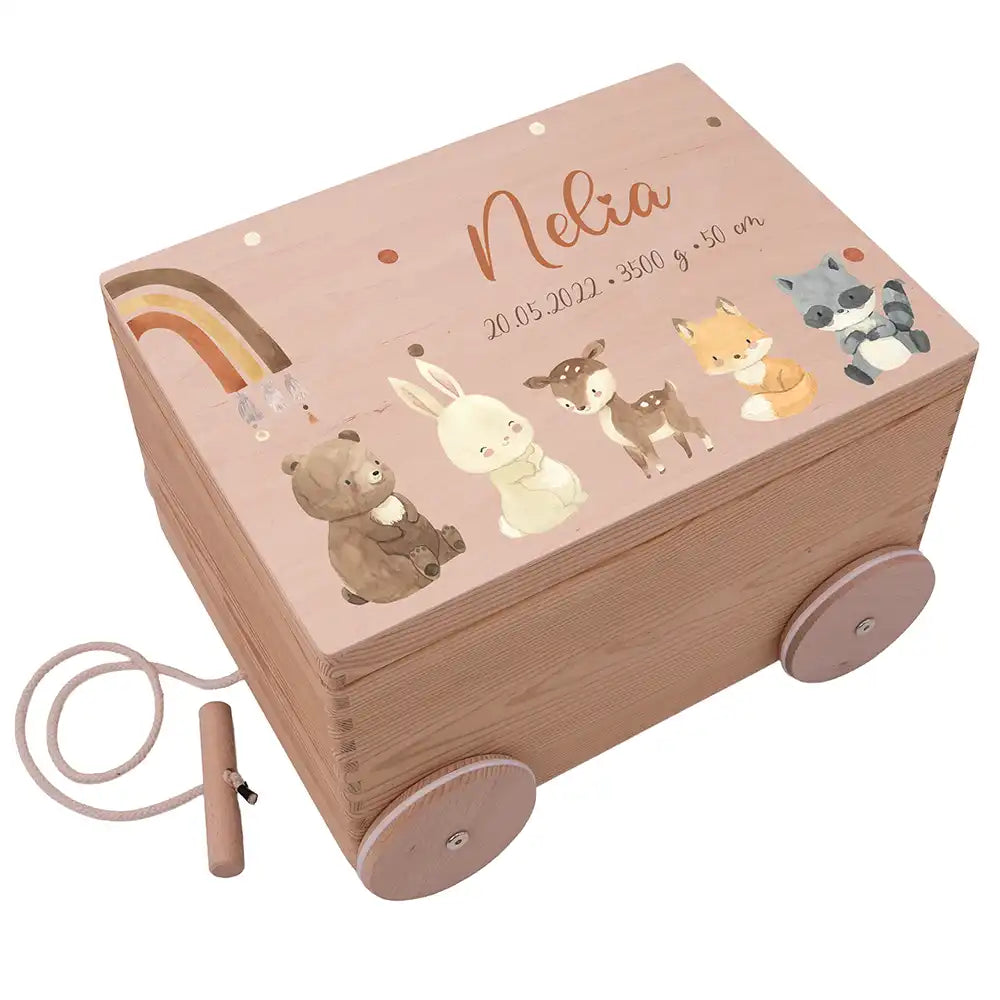 Spielzeugkiste mit Rädern personalisiert - Tierfreunde