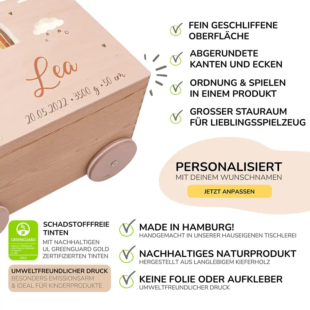 Spielzeugkiste mit Rädern personalisiert - Häschen mit Regenbogen
