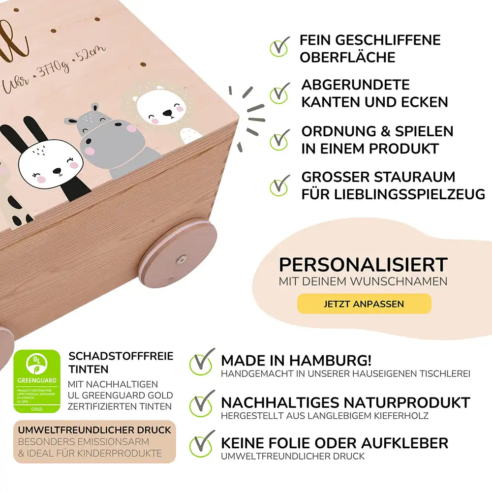 Spielzeugkiste mit Rädern personalisiert - Winterliche Waldtiere