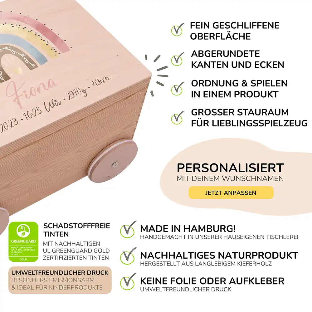 Spielzeugkiste mit Rädern personalisiert - Regenbogen