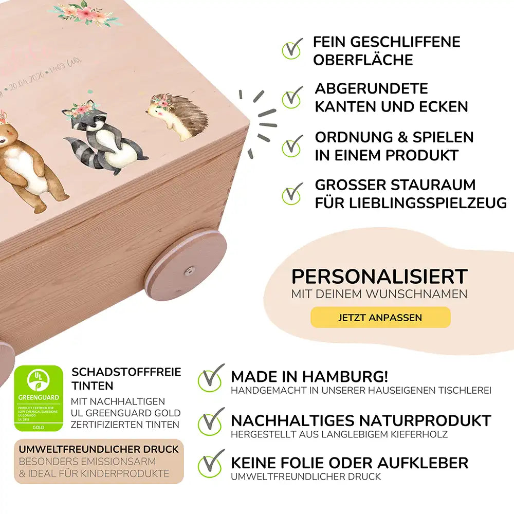 Spielzeugkiste mit Rädern personalisiert - Tiere