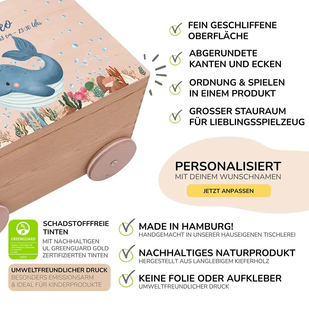 Spielzeugkiste mit Rädern personalisiert - Niedlicher Wal